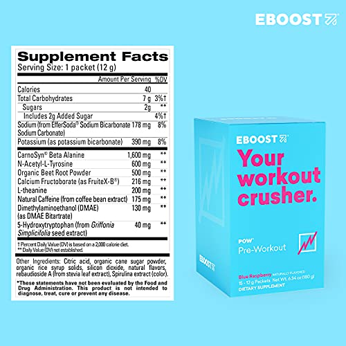 EBOOST POW Natural Pre-Workout – 15 Packets – Blue Raspberry - Pre Workout Supplement for Performance, Energy, Focus - Men Women - Non-GMO, Gluten-Free, No Creatine