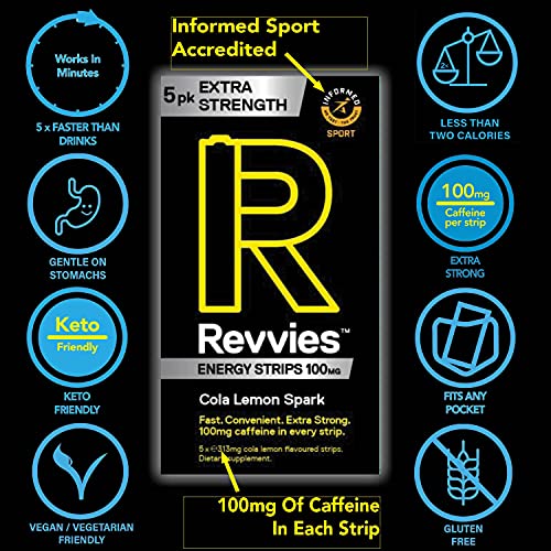 Revvies Extra Strength Energy Strips | Cola Lemon | 15 Strips | 100mg Caffeine Strip | 1 Strip = 1.25 x Energy Drink | Less Than 2 Calories | Vegan | 3 x 5PK