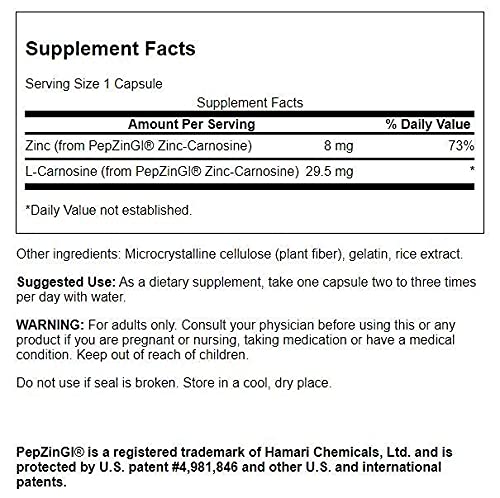 Swanson Zinc Carnosine (PepZin GI) - Natural Supplement Promoting Gastric Health & Digestive Support - Supports Microbial Balance in The Stomach - (60 Capsules)