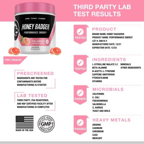 Honey Badger Pre Workout Powder | Vegan Keto Pink Lemonade Preworkout | Natural Energy for Men & Women | Beta Alanine, Caffeine & Vitamin C for Immune Support | Sugar Free & Paleo | 30 Servings