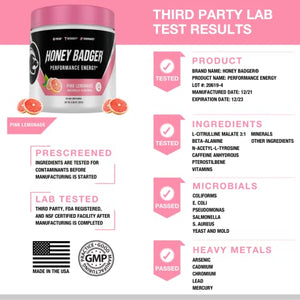 Honey Badger Pre Workout Powder | Vegan Keto Pink Lemonade Preworkout | Natural Energy for Men & Women | Beta Alanine, Caffeine & Vitamin C for Immune Support | Sugar Free & Paleo | 30 Servings