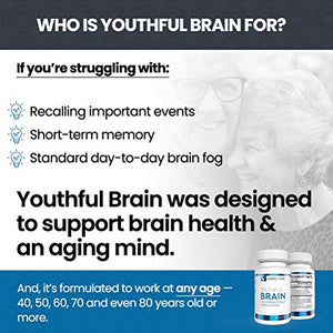 Youthful Brain | Memory & Brain Health Support Supplement - Doctor Formulated Brain Booster with Bacopa Monnieri, Ginkgo Biloba, B12 - Easy to Swallow Tablets - 30-Day Supply (60 Count)