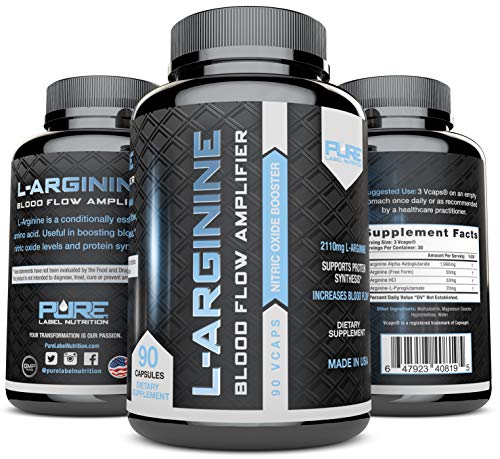 Pure Label Nutrition-Maximum Strength L-Arginine 2110mg Nitric Oxide Booster, 90 caps, Build Muscle and Strength, Boost Energy and Blood Flow. Most Effective Dose for Men and Women