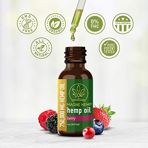 MAGNEHEMP - 750,000MG Berry Flavored Hemp Oil Extract for Pain & Stress, Hemp Oil Drops for Better Sleep