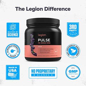 Legion Pulse Pre Workout Supplement - All Natural Nitric Oxide Preworkout Drink to Boost Energy, Creatine Free, Naturally Sweetened, Beta Alanine, Citrulline, Alpha GPC (Grape) 21 Servings