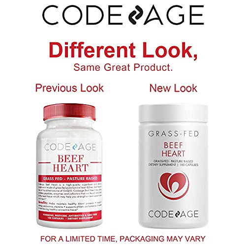 Codeage Grass Fed Beef Heart Supplement - Freeze Dried, Non-Defatted, Desiccated Beef Heart Glandular Supplements - Bovine Meat & Liver Pills –Argentina Beef Vitamins For Heart - Non-GMO -180 Capsules