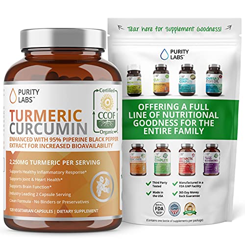 Organic Turmeric Curcumin 2,250MG - 95% Standardized Curcuminoids and Black Pepper Bioperine for Increased bioavailability - for Joint Mobility & Inflammation