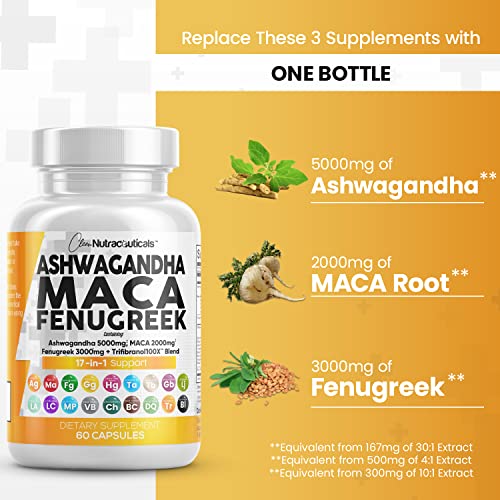 Ashwagandha Maca Root Fenugreek Supplement with Tongkat Ali Ginseng - Assists with Stress, Mood & Adrenal Health - Ashwagandha Capsules Maca Pills Fenugreek Caps Made in USA - 60 Count