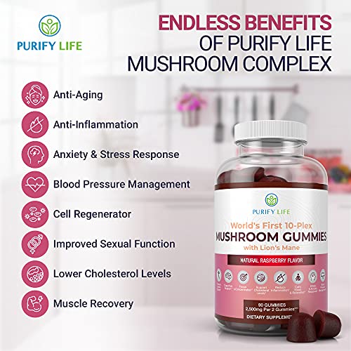 Mushroom Complex Gummies - 10 Mushroom Supplement w Lions Mane (90 Chews 2500mg/serving) Nootropic Brain Supplement, Immune Support, Mood & Stress Relief - Replace Extract Powder, Pills & Capsules