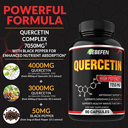 Quercetin Capsules - 7050mg Formula Pills with Black Pepper Extract - 90 Capsules Quercetin Pills for Supports Immune Health & Cardiovascular Health - 3 Month Supply