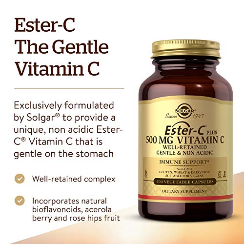 Solgar Ester-C Plus 500 mg Vitamin C (Ascorbate Complex) - Gentle & Non Acidic - Antioxidant & Immune Support - 100 Vegetable Capsules (100 Servings)
