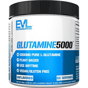 Evlution Nutrition L-Glutamine 5000, 5g Pure L Glutamine Per Serving, Post Workout, Nitrogen Transporter, Immune Support, Vegan, Gluten-Free, Unflavored Powder (60 Servings)