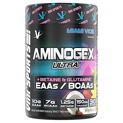 VMI Sports | Aminogex Ultra | BCAA Powder | Amino Acids + Betaine and Glutamine | Amino Acid Post Workout Recovery Drink | Intra Workout Drink with TRAACS Electrolytes | (Miami Vice, 30 Servings)