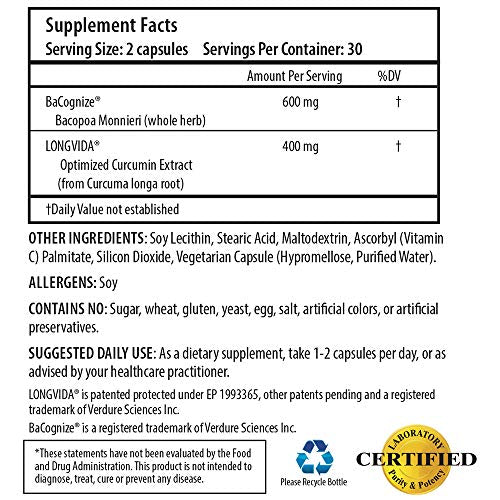 Brain & Focus - Optimized Curcumin Longvida with BaCognize Bacopa Monnieri by ProHealth (60 Veggie Capsules)