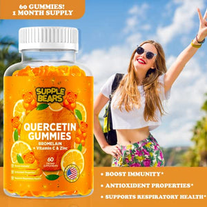 Supplebears Quercetin with Bromelain Gummies - Vitamin C + Zinc & Vitamin D3 – Extra Strength Immune Support Booster for Kids and Adults - 60 Quercetin Gummies - Made in The USA