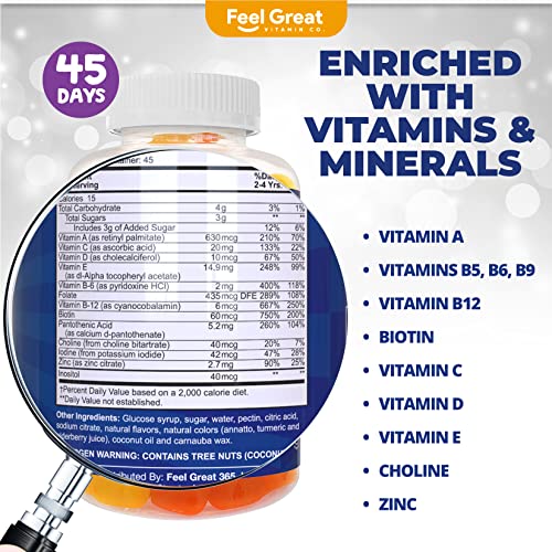 Vegetarian Kids Multivitamin Gummies by Feel Great Vitamin Co. | Plant Based Fruit Pectin Vitamins for Kids | Supports Growth of Bones & Muscles, Supports The Immune System with Zinc. | 45 Day Supply