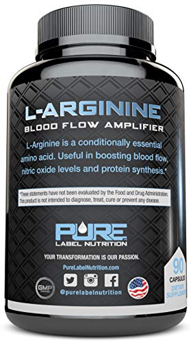 Pure Label Nutrition-Maximum Strength L-Arginine 2110mg Nitric Oxide Booster, 90 caps, Build Muscle and Strength, Boost Energy and Blood Flow. Most Effective Dose for Men and Women