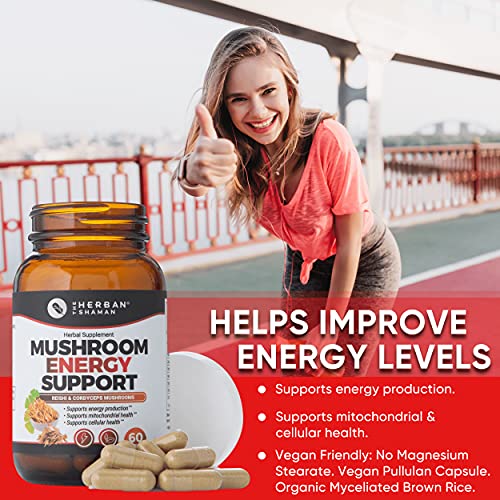 The Herban Shaman Mushroom Supplement Energy Support | Organic Mushroom Herbal Capsules with Reishi, Ginkgo, Rhodiola, Maca, Chinese Ginseng, CoQ10 + More (60 Capsules)