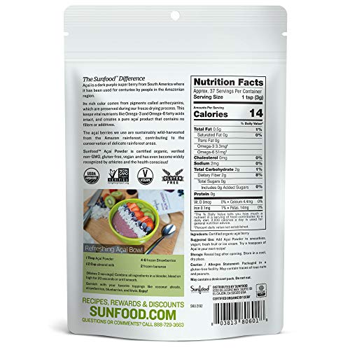 Sunfood Acai Powder | Organic & Unsweetened | 100% Raw Freeze Dried Berries | Natural Antioxidant | Non-GMO, Gluten-Free | Ultra-Clean: No Fillers, Additives, Preservatives | 4 Ounce Bag