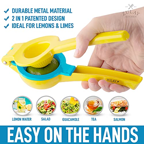 Zulay Metal 2-In-1 Lemon Lime Squeezer - Hand Juicer Lemon Squeezer - Max Extraction Manual Citrus Juicer (Vibrant Yellow and Blue Atoll)