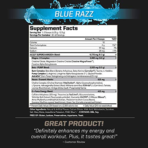 PMD Sports ACG3 Supercharged - Pre Workout - Powerful Strength, High Energy, Maximize Mental Focus, Endurance and Optimum Workout Performance for Men and Women - Blue Razz (60 Servings)