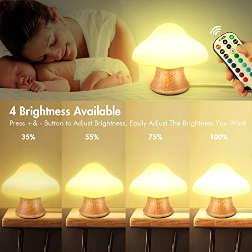 Children's Night Light ANGTUO Wooden Mushroom Lamp Silicone LED Bedside Nursery for Baby Breastfeeding Kids Bedroom - 16 Color Changing - 4 Brightness - 4 Light Mode Control by Remote. New Style