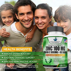 Zinc 100mg, Vitamin C 1000mg, Vitamin D 5000IU per Serving, Immune Support for Adults Kids, Immune System Booster Supplements, Non GMO, No Filler, No Stearate, 120 Vegan Capsules, 60 Day Supply