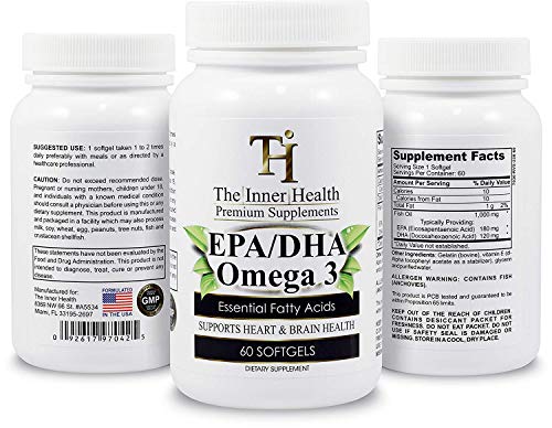 The Inner Health EPA DHA Omega 3 1000mg - 60 Softgels - One-a-Day - 120mg DHA + 180mg EPA Supports Normal Function of Healthy Heart, Brain & Eyes - Made in USA