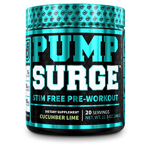 PUMPSURGE Caffeine Free Pump & Nootropic Pre Workout Supplement - Non Stimulant Preworkout Powder & Nitric Oxide Booster - 20 Servings, Cucumber Lime