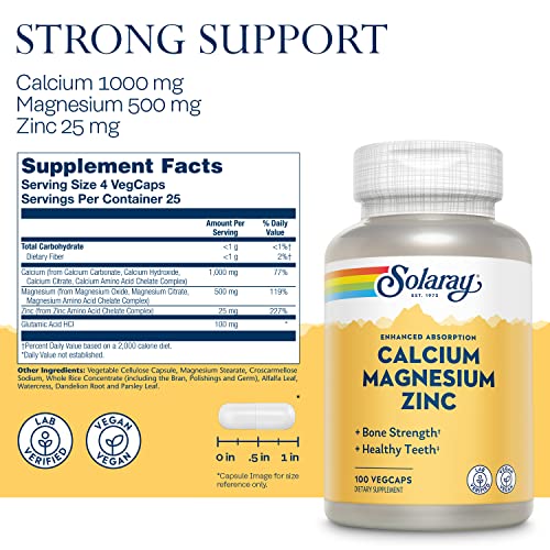 Solaray Calcium, Magnesium, Zinc | High Absorption with Glutamic Acid | Healthy Bones, Teeth, Nerve, Muscle, Heart & Immune Function Support | 100ct