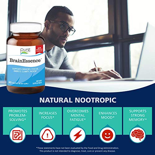 Pure Essence Labs Brain Essence - Memory Supplement & Vitamin for Men, Women & Adults - Herbal Booster for Memory, Focus, Clarity & Stress Relief - Bacopa Monnieri, Ashwagandha & More (60 Tablets)