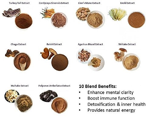 Mushroom Extract Powder - Powerful 10 Blend, Organic Lions Mane, Cordyceps, Reishi, Shiitake, Turkey Tail Mushrooms Nootropic Brain Supplement for Energy, Calm, Focus & Immune System Booster