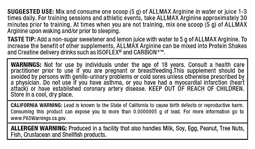 ALLMAX Nutrition Arginine, L - Arginine Powder for Men and Women, Provides Cardiovascular Support & Muscle Growth, Helps Improve Synthesis of Nitric Oxide & Blood Flow, 400 grams