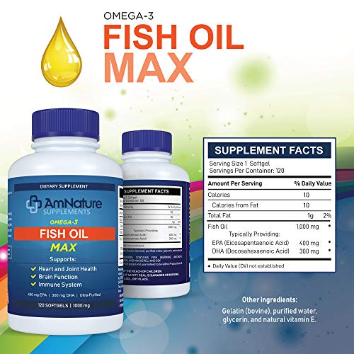 AmNature Supplements Omega 3 Fish Oil 1000mg - Max Strength Heart Health, Brain & Joint Support – Ultra-Purified EPA 400mg, DHA 300mg, Fatty Acids - 120 Softgels