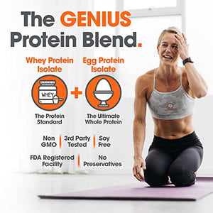 Genius Protein Powder - Natural Whole Food Egg White & Whey Protein Isolate Lean Muscle Building Blend for Women & Men Grass Fed Post Workout Meal Replacement Shake for Recovery, Chocolate
