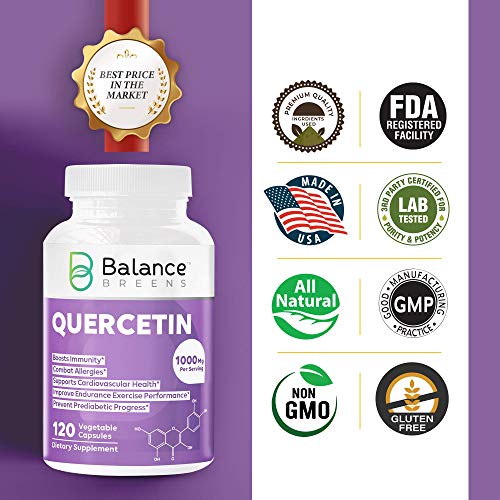 Balance Breens Quercetin 1000mg Supplement - Supports Cardiovascular Health, Helps Improve Anti-Inflammatory, Immune Response & Allergy Support - 120 Vegetable Non-GMO Capsules