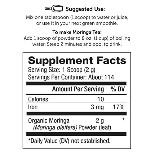 Super Organics Moringa Leaf Powder | Organic Superfood Powder | Raw Superfoods | Whole Food Supplement | Good Source of Iron – Vegan, Non-GMO & Gluten-Free, 8 oz