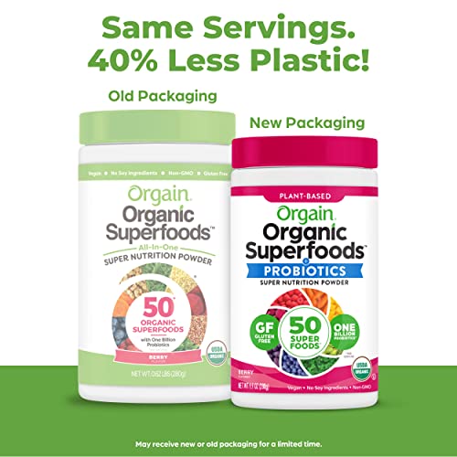 Orgain Organic Green Superfoods Powder, Berry - Antioxidants, 1 Billion Probiotics, Vegan, Dairy Free, Gluten Free, Kosher, Non-GMO, 0.62 Pound (Packaging May Vary).