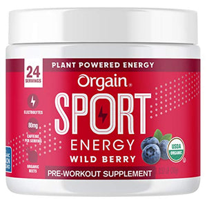 Orgain Wild Berry Sport Energy Pre-Workout Powder - Made with Green Coffee Beans, Organic Beets, Ginger, and Cordyceps, Gluten Free, Non-GMO, Vegan, Dairy and Soy Free - 0.53 lbs