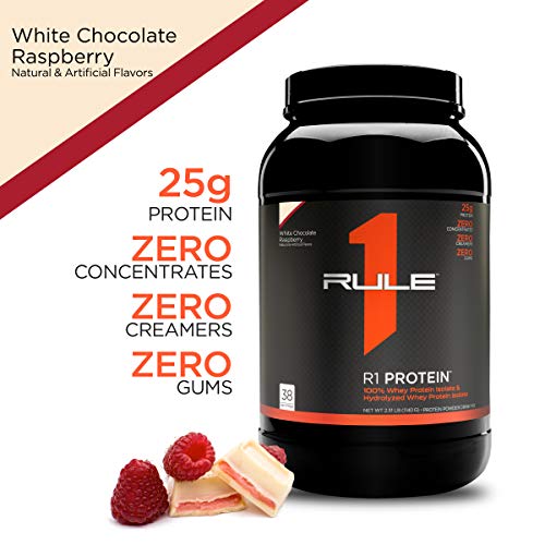 Rule One Proteins, R1 Protein - White Chocolate Raspberry, 25g Fast-Acting, Super-Pure 100% Isolate and Hydrolysate Protein Powder with 6g BCAAs for Muscle Growth And Recovery, 2.5 Pounds, 38 Servings