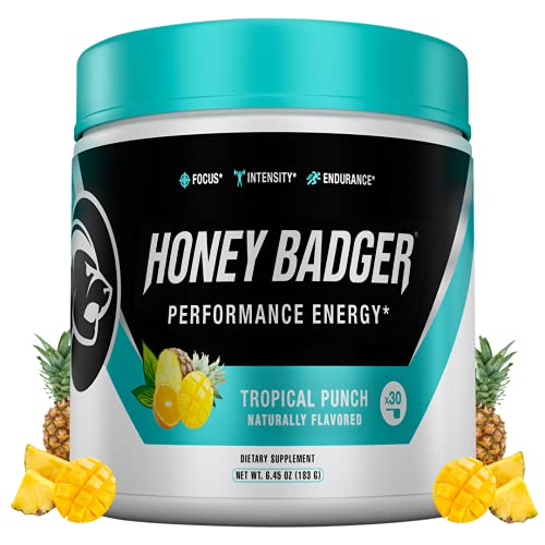 Honey Badger Pre Workout Powder | Vegan Keto Tropical Punch Preworkout | Natural Energy for Men & Women | Beta Alanine, Caffeine & Vitamin C for Immune Support | Sugar Free & Paleo | 30 Servings