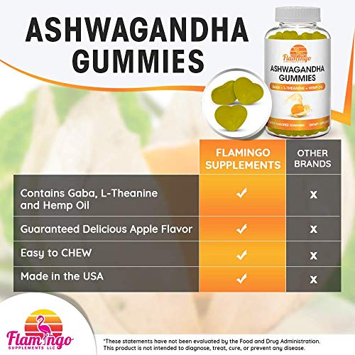 Ashwagandha Gummies with L-Theanine, GABA, and Hemp- Ashawanga Supplement Stress Reducing Calm Gummies for Relaxation - Vegan, Dairy Gluten and Free, Apple Flavored. 60 Count.