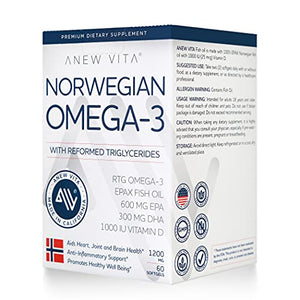 Anew Vita Norwegian rTG Omega-3 Supplement. Reformed Triglyceride Omega-3. Made with Epax Norwegian Fish Oil. Maintains Heart & Brain Health. 1200mg. 60 Softgels