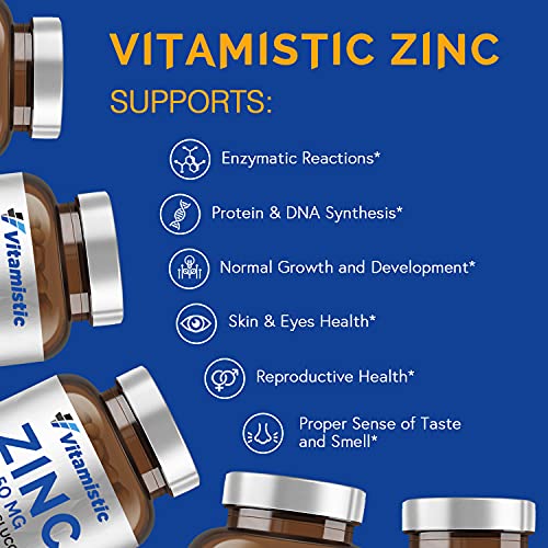 Vitamistic Zinc 50 mg, with Chelated Zinc Picolinate and Gluconate for Immune, Antioxidant, Skin Health & Growth and Development Support, Superior Absorption, Non-GMO, No Gluten, 90 Vegan Capsules