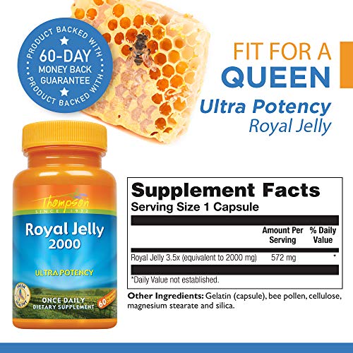 Thompson Royal Jelly Ultra Potency, 2000 Mg | Protein-Based Bee Product | Natural Source of Trace Vitamins & Minerals | 60 Vegetarian Capsules