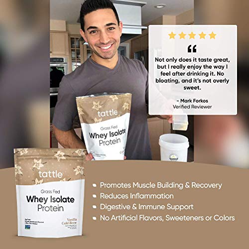 Tattle Grass Fed Whey Protein Isolate Powder - Non-GMO, Natural Flavors & Sweeteners, Turmeric & Tart Cherry for Anti-Inflammation, Gluten & Soy Free, No Sugar Added (Vanilla Cold Brew, 25 Serve)
