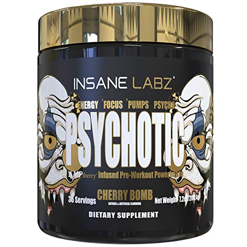 Insane Labz Psychotic Gold, High Stimulant Pre Workout Powder, Extreme Lasting Energy, Focus, Pumps and Endurance with Beta Alanine, DMAE Bitartrate, Citrulline, NO Booster, 35 Srvgs, Cherry Bomb