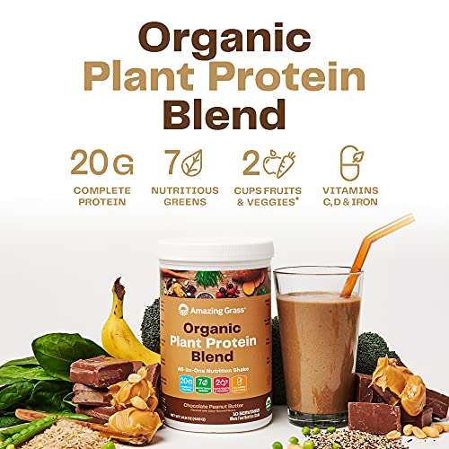 Amazing Grass Organic Plant Protein Blend: Vegan Protein Powder, All-In-One Nutrition Shake with Beet Root, Chocolate Peanut Butter, 10 Servings , 14.8 Ounce (Pack of 1)