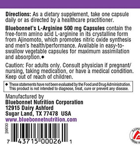 Bluebonnet Nutrition L-Arginine 500mg, Free-Form Amino Acid, Nitric Oxide Precursor*, Soy-Free, Gluten-Free, Non-GMO, Kosher Certified, Vegan, 100 Vegetable Capsules, 100 Servings, White