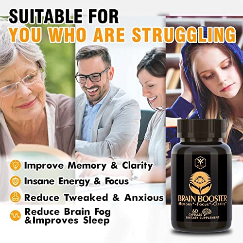 Brain Booster Supplement for Focus, Memory, Clarity, Energy | Vegan Nootropic Brain Support Supplement with Vitamin B12, DMAE, Bacopa Monnieri, Ginkgo Biloba, Iq Neuro Energy, 60 Capsules